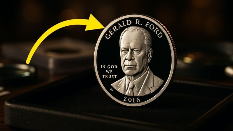 A hyper-realistic cinematic close-up of the 2016-S Ford Proof coin placed on a dark velvet tray. The proof finish reflects warm studio lights, revealing razor-sharp frosted details and the “S” mint mark. Soft bokeh reveals blurred collector tools, a magnifier, and coin slabs in the background. Shot in 4K, shallow depth of field, dramatic lighting, 16:9.